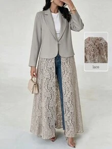 Yasmyna Women's Khaki Woven Notch Lapel Padded Shoulder Long Sleeve Contrast Lace Button Romantic Elegant Abaya - Khaki - View 11