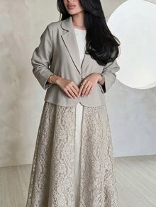 Yasmyna Women's Khaki Woven Notch Lapel Padded Shoulder Long Sleeve Contrast Lace Button Romantic Elegant Abaya - Khaki - View 7