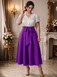 Rometta Plus Size Women's Casual Elegant Solid Color Long Skirt, Versatile For Daily Work Party Office Fall Purple - Purple - View 1