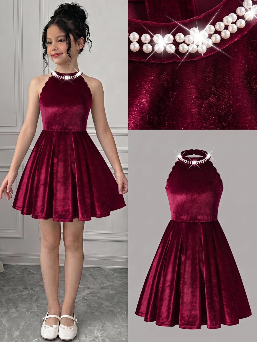 SHEIN Tween Girl Burgundy Holiday Kids Party Halter A-Line Cute Dress - Burgundy - View 1