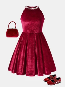 SHEIN Tween Girl Burgundy Holiday Kids Party Halter A-Line Cute Dress - Burgundy - View 4