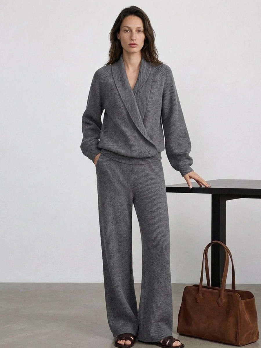Dazy-Less Women Sweater Co-Ords Office Business Charcoal Gray Elegant Minimalist Autumn Winter - Dark Grey - View 1