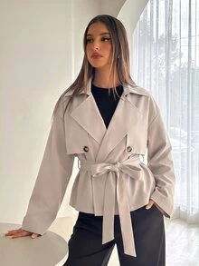 Aloruh 女款秋季純色雙排扣長袖短款卡其綠風衣，休閒優雅專業風格，適合辦公商務穿著 - 卡其色 - 查看 6