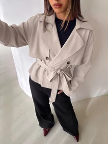Aloruh 女款秋季純色雙排扣長袖短款卡其綠風衣，休閒優雅專業風格，適合辦公商務穿著 - 卡其色 - 查看 5