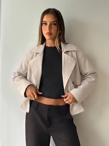 Aloruh 女款秋季純色雙排扣長袖短款卡其綠風衣，休閒優雅專業風格，適合辦公商務穿著 - 卡其色 - 查看 3