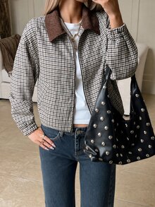 SHEIN EZwear 女款絎縫格紋復古夾克外套，秋冬款 - 咖啡棕 - 查看 4