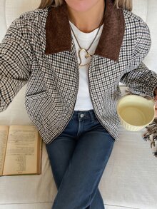 SHEIN EZwear 女款絎縫格紋復古夾克外套，秋冬款 - 咖啡棕 - 查看 7