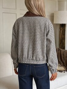 SHEIN EZwear 女款絎縫格紋復古夾克外套，秋冬款 - 咖啡棕 - 查看 2