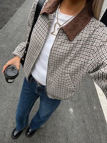 SHEIN EZwear 女款絎縫格紋復古夾克外套，秋冬款 - 咖啡棕 - 查看 5