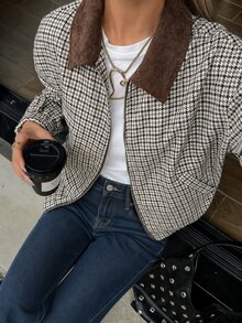 SHEIN EZwear 女款絎縫格紋復古夾克外套，秋冬款 - 咖啡棕 - 查看 3