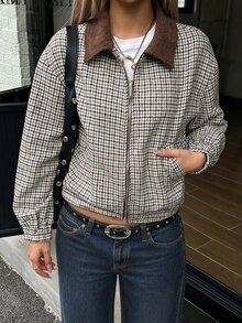 SHEIN EZwear 女款絎縫格紋復古夾克外套，秋冬款 - 咖啡棕 - 查看 1