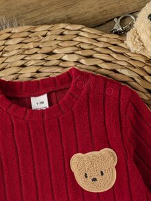 SHEIN 新生兒嬰兒卡通圖案長袖上衣與長褲休閒日常套裝 - 酒紅色 - 查看 5