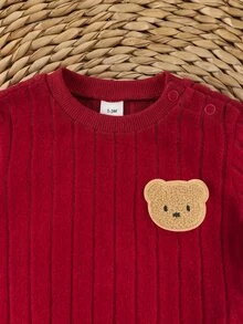 SHEIN 新生兒嬰兒卡通圖案長袖上衣與長褲休閒日常套裝 - 酒紅色 - 查看 7