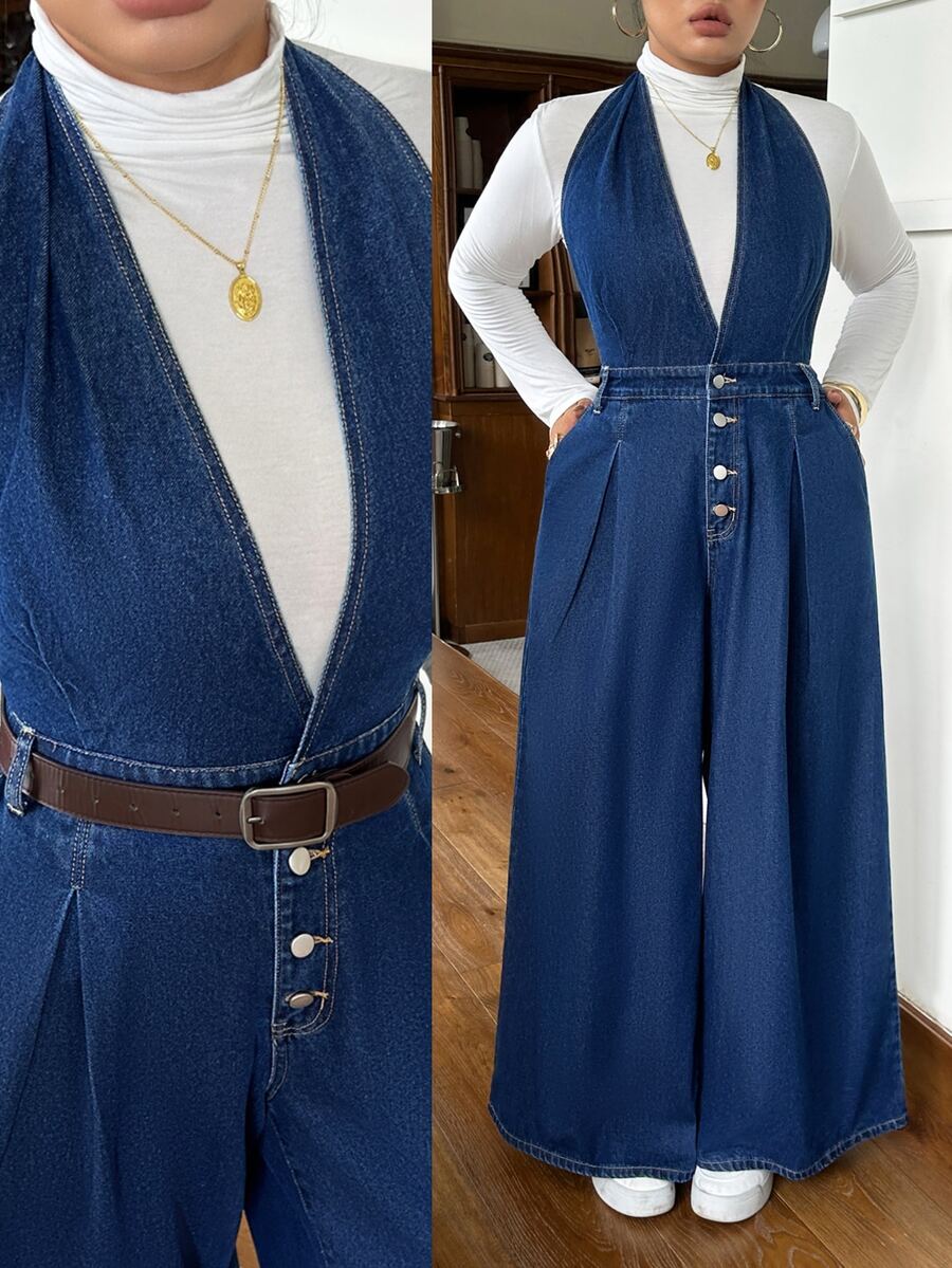 Rivivi Plus Size Dark Blue Denim Halter Neck Slim Fit Jumpsuit Flattering Wide Leg Pants,Fall/Winter,New Year Outfit,Christmas Clothes - Dark Wash - View 1