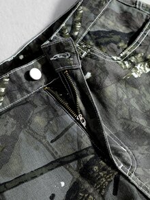 ROMWE MEN Fashionable Branch Pattern Washed Denim Casual Comfortable Versatile Print Men's Jeans - Army Green - View 5