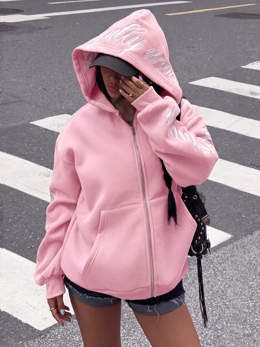 Muchica Women's Solid Color Zip Front Letter Print Double Pocket Casual Loose Long Sleeve Sweatshirt - Pink - View 1