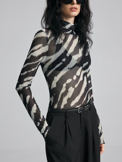 Ontre New Autumn/Winter Women's Slim Fit Solid Black & White Long Sleeve Top, High Neck Zebra Print Design, Casual Commute Urban Modern Minimalist Elegant Tea Party Independence Day Old Money Style Teacher Outfit Office Wear Holiday Dress Vacation Date Outfit Fashion Versatile Women's Top