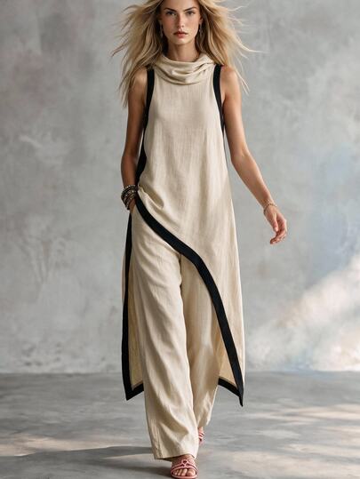 Trelyra Top elegante y casual de mujer color albaricoque con cuello alto asimétrico sin mangas, holgado