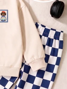男嬰棋盤格抓絨保暖套裝，幼兒可愛臘腸狗圖案圓領長袖衛衣與長褲 2 件套套裝 - 彩色 - 查看 5