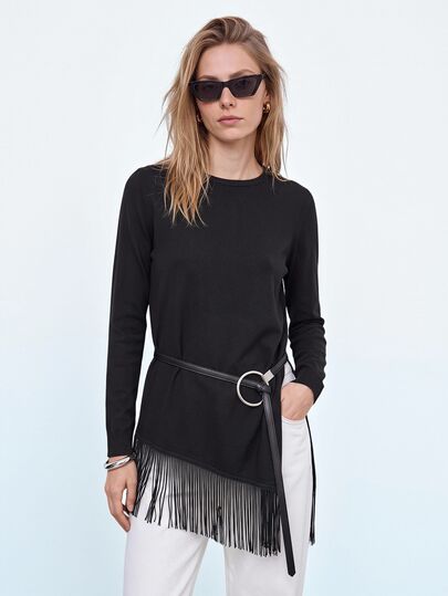 Ontre New Autumn/Winter Women's Loose Fit Solid Black Long Sleeve Knit Sweater With Asymmetrical Hem And Tassel Design, Casual Commute Urban Modern Minimalist Elegant Tea Party Independence Day Old Money Style Teacher Outfit Office Wear Holiday Outfit Vacation Date Outfit Women's Outwear Fashion Versatile Women's Sweater