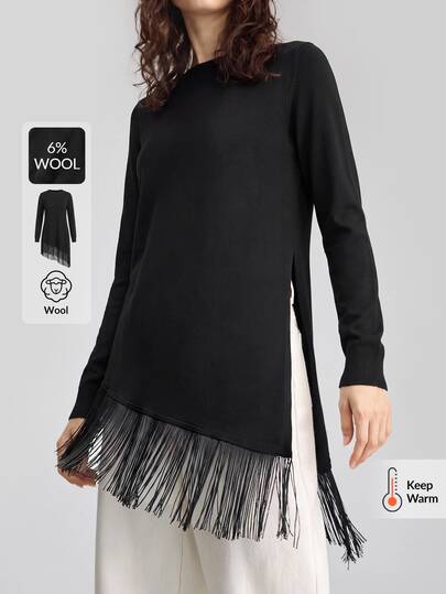 Ontre New Autumn/Winter Women's Loose Fit Solid Black Long Sleeve Knit Sweater With Asymmetrical Hem And Tassel Design, Casual Commute Urban Modern Minimalist Elegant Tea Party Independence Day Old Money Style Teacher Outfit Office Wear Holiday Outfit Vacation Date Outfit Women's Outwear Fashion Versatile Women's Sweater