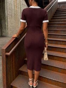 NostaNoir Women's Colorblock Casual Daily Knit Dress - Chocolate Brown - View 2