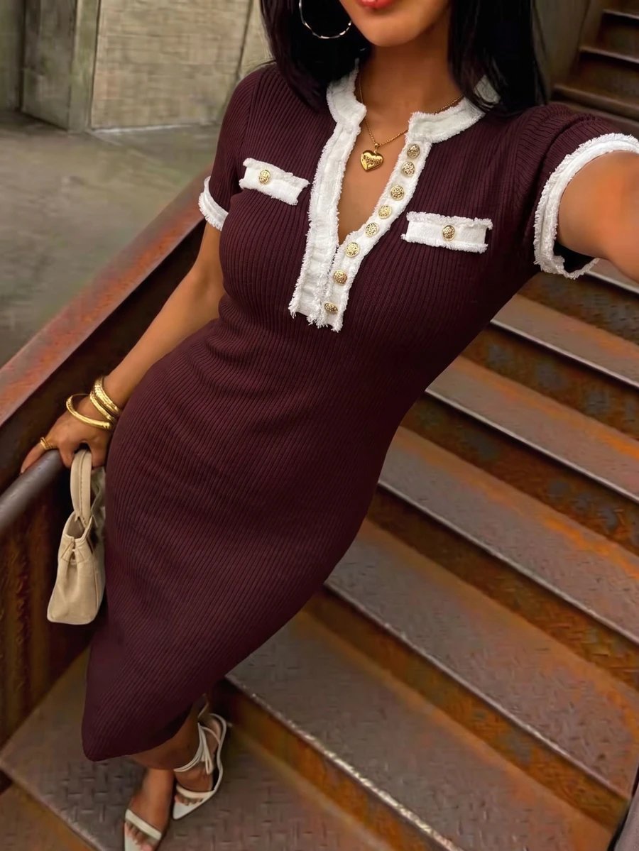 NostaNoir Women's Colorblock Casual Daily Knit Dress - Chocolate Brown - View 1