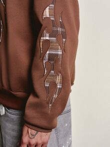PAVTROS Men's Autumn/Winter Brown Hooded Sweatshirt, Spider Flame Pattern With Plaid Fabric Applique Embroidery, Y2K Christmas & Halloween Gift - Coffee Brown - View 7