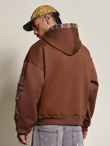 PAVTROS Men's Autumn/Winter Brown Hooded Sweatshirt, Spider Flame Pattern With Plaid Fabric Applique Embroidery, Y2K Christmas & Halloween Gift - Coffee Brown - View 2
