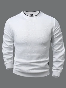 ARLO REED Men's Knitted Jacquard Scenery Textured White Horse Pattern Fabric Collar Cuff Flat Hem Ribbed Black Label Pullover Sweatshirt - White - View 4