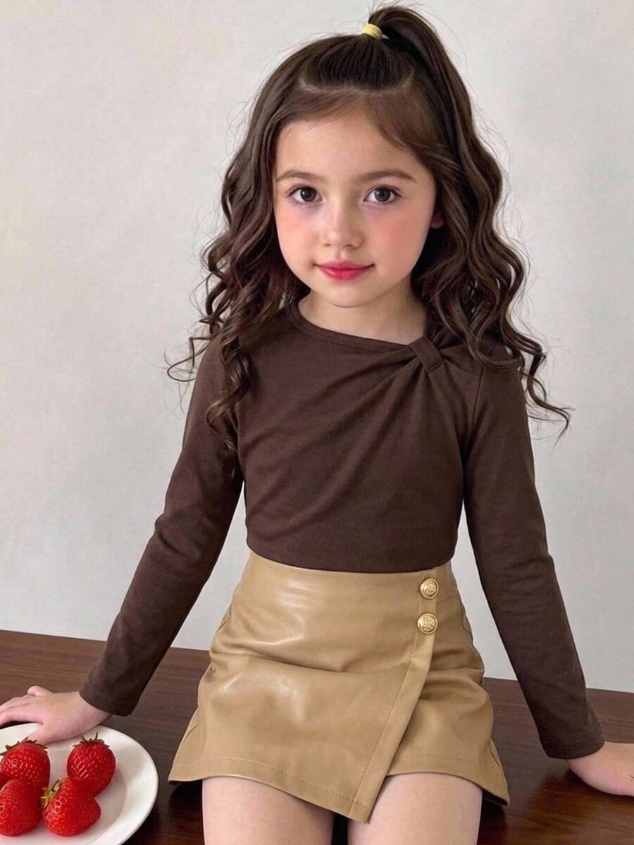 SHEIN Kids Young Girl Solid Color Pleated Long Sleeve T-Shirt And Skort Casual Daily Outfit - Multicolor - View 1