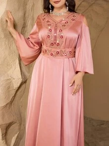 Al Najma 大码女式镂空亮片装饰优雅连衣裙，春夏款 - 珊瑚橙 - 查看 6