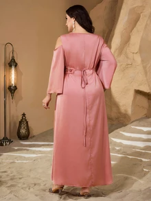 Al Najma 大码女式镂空亮片装饰优雅连衣裙，春夏款 - 珊瑚橙 - 查看 3