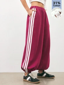 Maija 女款休閒運動對比條紋側邊彈性腰斜口袋收口長褲 - 酒紅色 - 查看 8