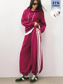 Maija 女款休閒運動對比條紋側邊彈性腰斜口袋收口長褲 - 酒紅色 - 查看 7