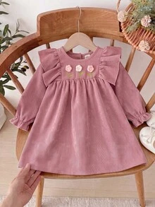 SHEIN Baby Girl Cute Casual Pink Corduroy Floral Pattern Autumn Dress - Pink - View 6