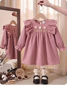 SHEIN Baby Girl Cute Casual Pink Corduroy Floral Pattern Autumn Dress - Pink - View 4