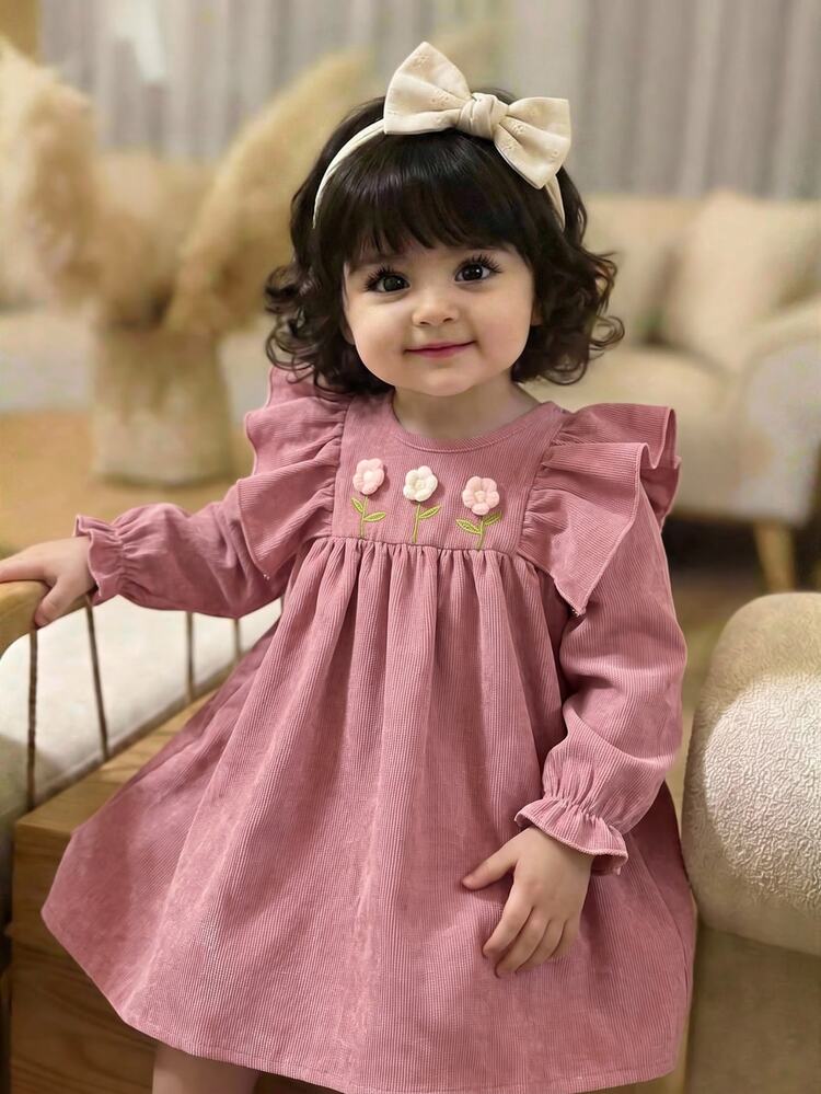 SHEIN Baby Girl Cute Casual Pink Corduroy Floral Pattern Autumn Dress - Pink - View 8