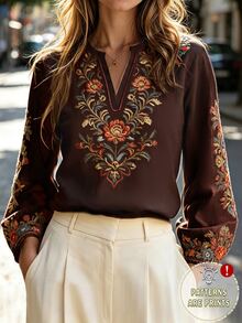 Balvessa Fall Clothes FOR WomenWomen's Floral Embroidered Notched V-Neck Long Sleeve Casual Shirt - Multicolor - View 1