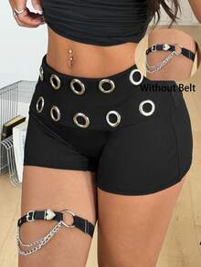 Coolane Summer Outfits For Women Streetwear Sexy Going Out Night Rave Vintage Y2K Grunge Grommet Eyelet Fold Waistband Low Rise Black Shorts - Black - View 2