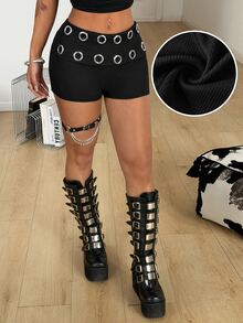 Coolane Summer Outfits For Women Streetwear Sexy Going Out Night Rave Vintage Y2K Grunge Grommet Eyelet Fold Waistband Low Rise Black Shorts - Black - View 5