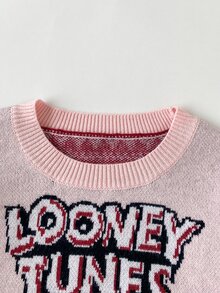 LOONEY TUNES X SHEIN 1件少女休閒百搭紅色卡通趣味圖案圓領寬鬆舒適長袖套頭毛衣，適合日常穿著、秋冬室內、運動、攝影、假期、生日、聖誕節、醜毛衣 - 紅色 - 查看 5