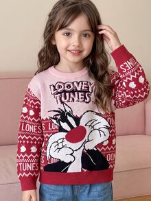 LOONEY TUNES X SHEIN 1件少女休閒百搭紅色卡通趣味圖案圓領寬鬆舒適長袖套頭毛衣，適合日常穿著、秋冬室內、運動、攝影、假期、生日、聖誕節、醜毛衣 - 紅色 - 查看 2