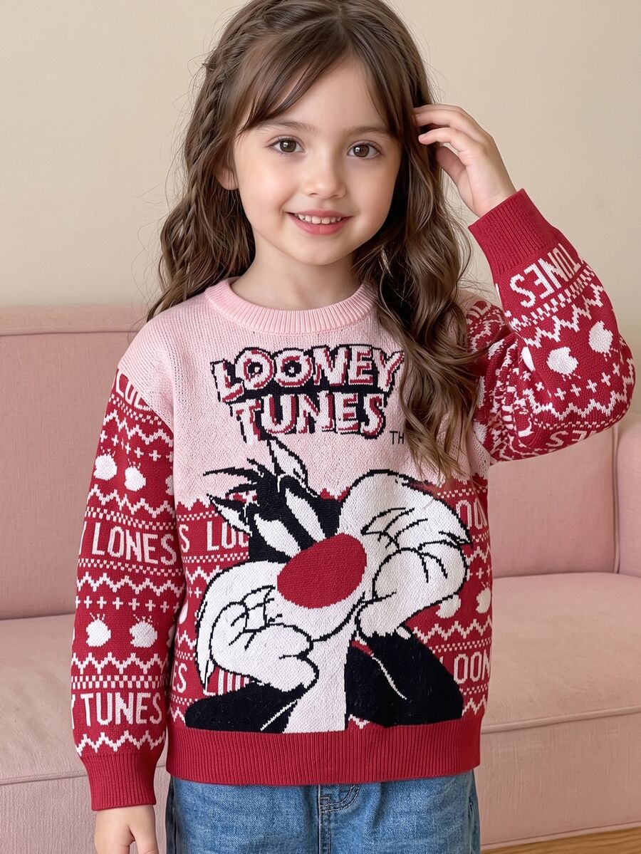 LOONEY TUNES X SHEIN 女童休閒嬰幼兒女孩百搭粉色卡通趣味圖案圓領寬鬆長袖套頭針織衫日常穿著秋冬聖誕 - 紅色 - 查看 1