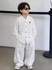 SHEIN Little Byeori 兒童小男孩字母拼接落肩上衣與長褲套裝 - 白色 - 查看 2