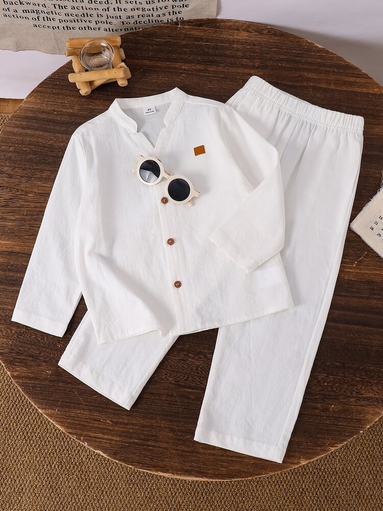 SHEIN Little Byeori Kids Young Boy Letter Patched Drop Shoulder Shirt & Pants Set - White - View 3
