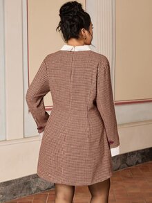 EastFlair Plus Size Women's Houndstooth Placket Long Sleeve Elegant Dress Fall - Multicolor - View 6