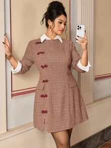 EastFlair Plus Size Women's Houndstooth Placket Long Sleeve Elegant Dress Fall - Multicolor - View 1