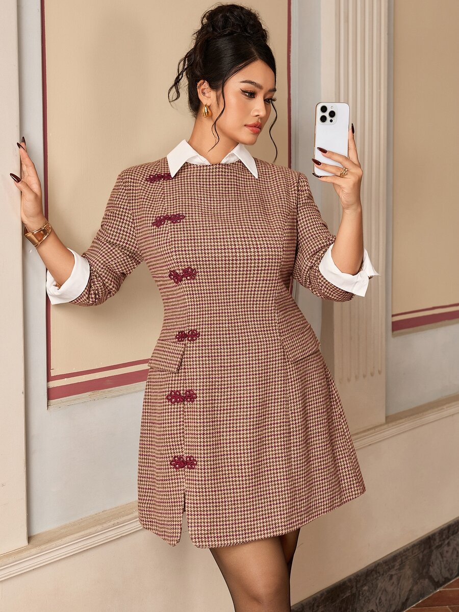 EastFlair Plus Size Women's Houndstooth Placket Long Sleeve Elegant Dress Fall - Multicolor - View 1