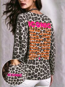 EMERY ROSE 女款聖誕豹紋長袖T恤，ICONIC字母圖案正反面印花休閒上衣，寬鬆版型聖誕節假日日常穿搭上衣 - 彩色 - 查看 6